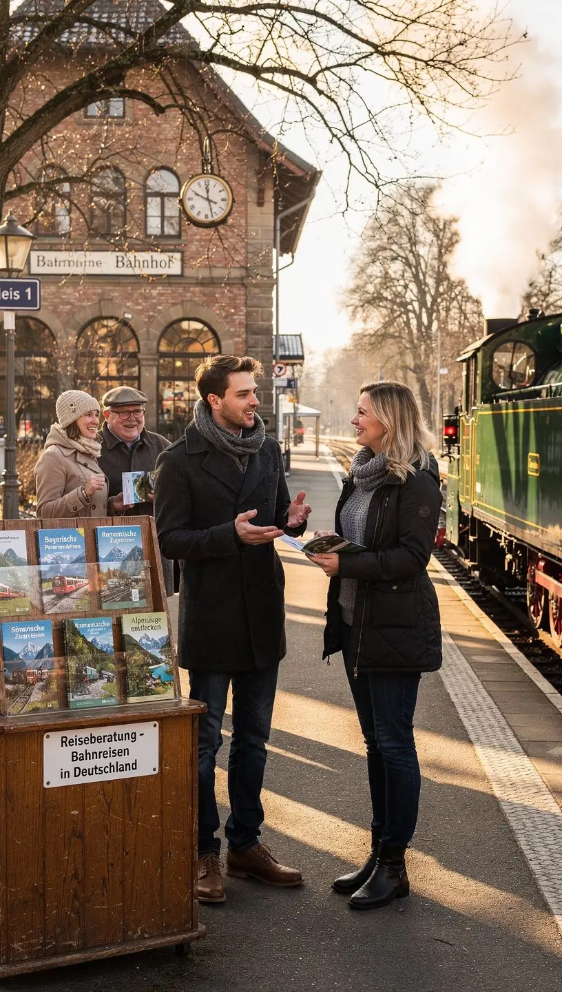 Zug fährt entlang einer malerischen Flusslandschaft mit historischen Fachwerkhäusern im Hintergrund.